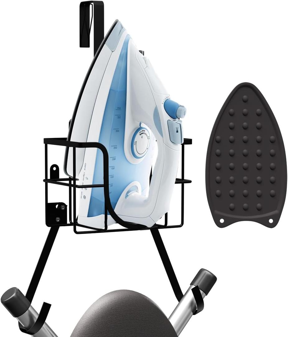 Hearth & Harbor Ironing Board Holder Wall Mount & Over The Door Hanger, Laundry Room Storage & Organization Space Saving, Iron & Ironing Board Hanger T&V Shaped, Black