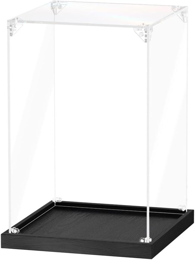 JUJOMAT Acrylic Display Case for Collectibles Clear Acrylic Display Box for Lego Action Figures Doll Hobby, Dustproof Stackable Storage Case, Assembly Required, Black Base (8 x 8 x 12 inches)
