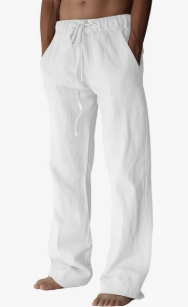 Cotton Linen Pants, Summer Beach Pants Casual Loose Fit with Elastic Waist Drawstring, Size 28