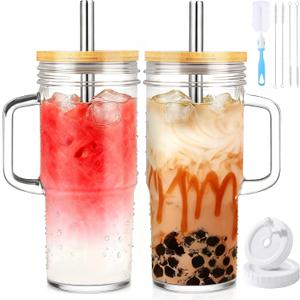 Birity 24oz Glass Cups with Lids and Straws, Glass Tumbler with Handle, 2 set–Reusable Glass Ice Coffee Cups with Lid and Straw for Smoothies, Tea, Juice, Boba Cup for Cold & Hot Drinks, Travel Cup