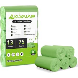 13 Gallon Tall Biodegradable Trash Bags, Leakage-Free, Thick, Unscented for Home, Office, Kitchen, 55L, 75 Counts, Green