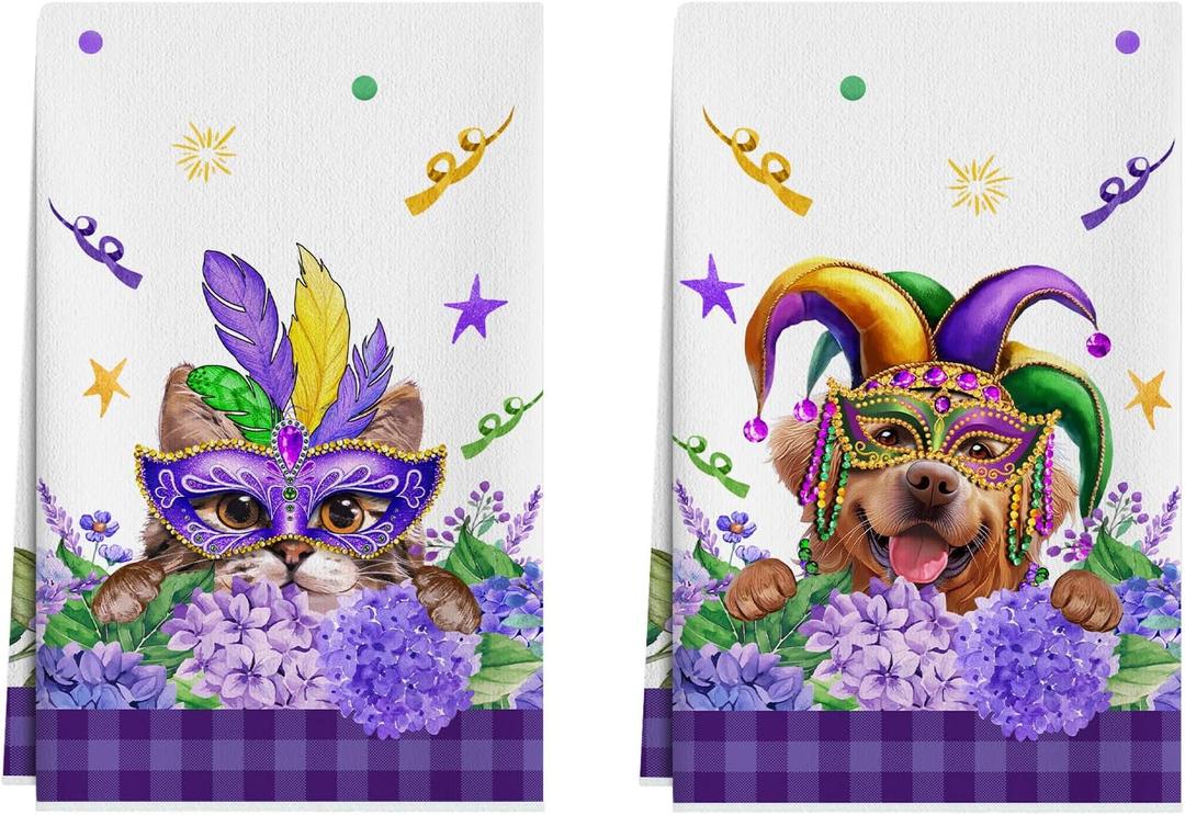 XCHI Mask Cat Dog Purple Flowers Mardi Gras Kitchen Towels Carnival Dish Towels 18x26 Inch Home Kitchen Decorations Hand Towels Set of 2 Drying Dishcloth