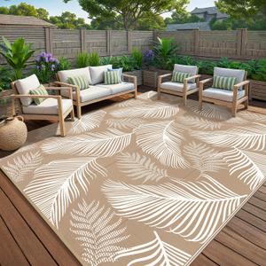 Pauwer Waterproof Outdoor Rug 9x12, Reversible Plastic Straw Patio Camping Rug, Indoor Outdoor RV Mat Carpet for Deck, Camper, Porch, Balcony, Backyard, Picnic, Leaf Brown