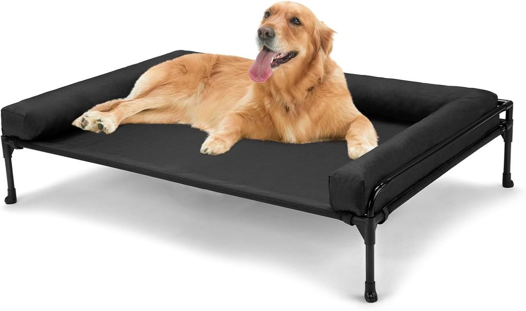 Veehoo Elevated Raised Dog Bed-Cooling Outdoor Dog Cot Bed for Large Sized Dogs Three-Sided Fence Raised Pet Cot with Mesh & No-Slip Feet Dog Hammock Bed with Removable Bolster-41 x 27" Black