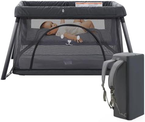 Travel Crib, Portable Crib for Baby, Pack and Play for Babies and Toddler, Lightweight Backpack Design,Foldable Travel Baby Playpen with Mattress(Dark Grey)