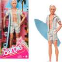 Barbie The Movie Ken Doll Wearing Pastel Pink and Green Striped Beach Matching Set with Surfboard and White Sneakers