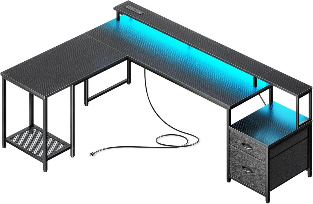 PRAISUN 66 Inch L Shaped Computer Desk with Power Outlets and LED Lights, Home Office Desk with Fabric Drawers and Print Stand, L Shape or Long Set up, Monitor Stand, Mesh CPU Stand, Black