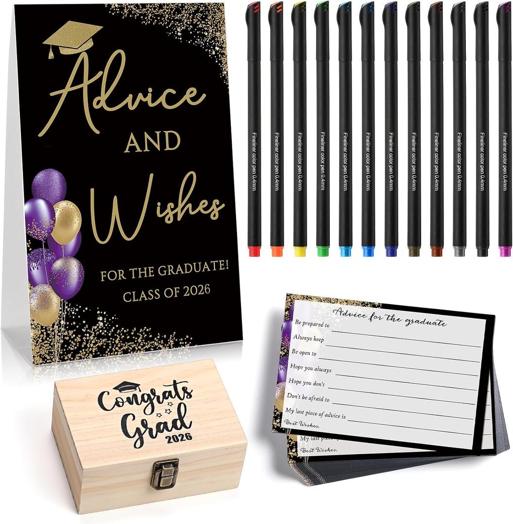 114 Pcs Graduation Party Favors 101 Advice Cards for The Graduate Advice Wishes with Wood Box and 12 Colors Pens Graduation Games Decoration for High School College Celebration Gift(Purple)