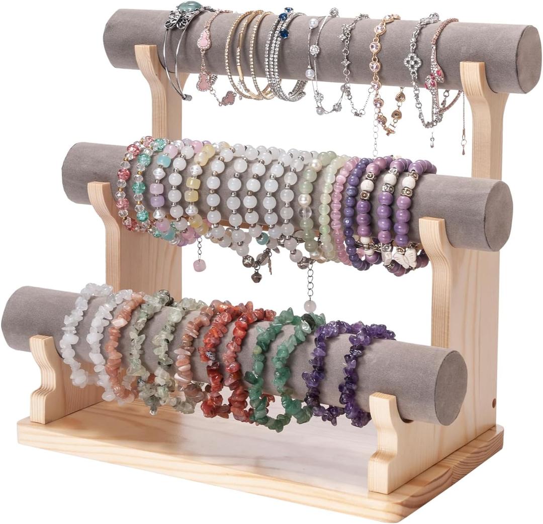 Velvet Bracelet Holder, 3 Tier Bracelet Organizer Display Holder for Women, Wooden Watch Holder Stand for Vendor Home, Bangles Display Stand for Scrunchies Bangles Storage Showcase, Grey