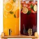 2 Gallon 2 PCS (4 gallon) Beverage Dispenser With Bamboo Wood Stand,Large Glass Drink Dispenser for Parties,Large Water Dispensers with Spigot,Juice Containers & Water Pitcher,Lemonade Dispenser