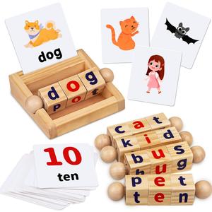 Montessori Toys for Toddlers 2 3 4 Years Old Wooden Reading Blocks Flash Cards Short Vowel Turning Rotating Matching Letters Toy for Kids Educational Alphabet Learning Toys for Preschool Boys Girls