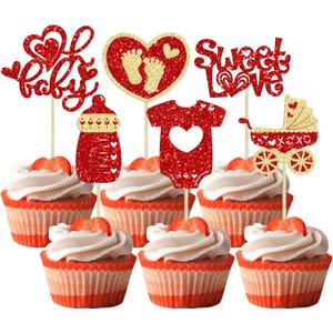 2 x Gyufise 24Pcs Valentine's Day Oh Baby Cupcake Toppers Glitter Baby Feet Sweet Love Heart Valentine's Day Cake Decorations for Love Valentine's Day Theme Baby Shower Birthday Party Supplies Red