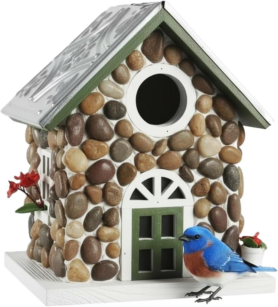 CEDAR ALPHA Masterpiece Bluebird House for Outside,Hanging Bird House for Outdoor, River Pebbles Birdhouse for Outside, Garden Statue Solid Wood Longtime Lasting, Post Pole Mountable Stone Villa,