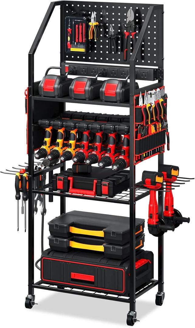 TC-HOMENY Power Tool Organizer Cart with 8 Outlets Charging Power Station, 24 Large Drill Tool Storage Racks with Wheels for Garage, Heavy Duty Tools Organizer Station, Festival Gifts for Men Dads