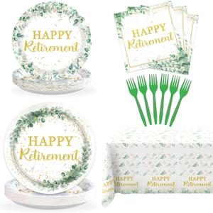 98PCS Sage Green Retirement Party Decorations Greenery Happy Retirement Plates Napkins and Tablecloths Gold Green Retired Tableware Sets for Women Men Teachers Goodbye Going Away Party Supplies