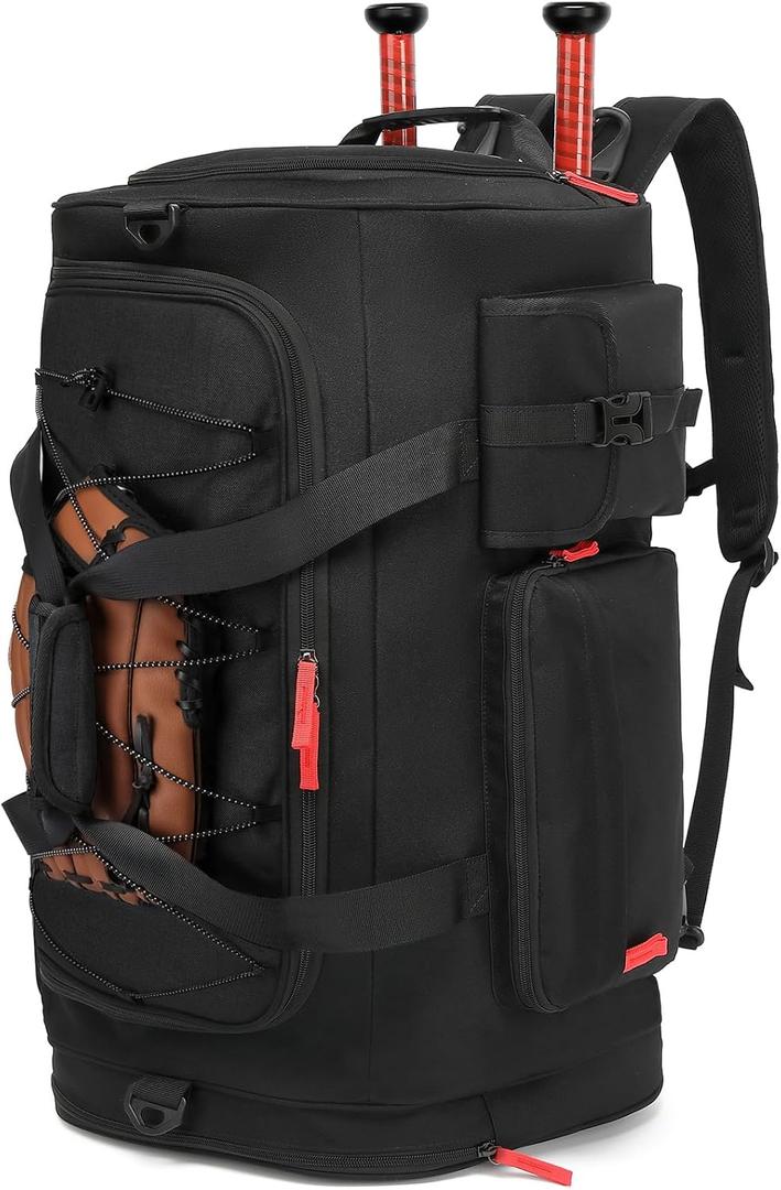 TUGUAN Baseball Duffle Bag for Youth and Adult, Large Softball Backpack with Shoes Compartment, 65L Baseball & Softball Equipment Bag Bat Bag Holds 2 Bats, Fence Hook for Catchers Gear, Upgraded Black