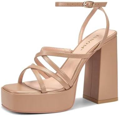 ISNOM Platform Chunky Heels for Women, Block Heel Sandals with Open Square Toe and Ankle Strap, Size 8
