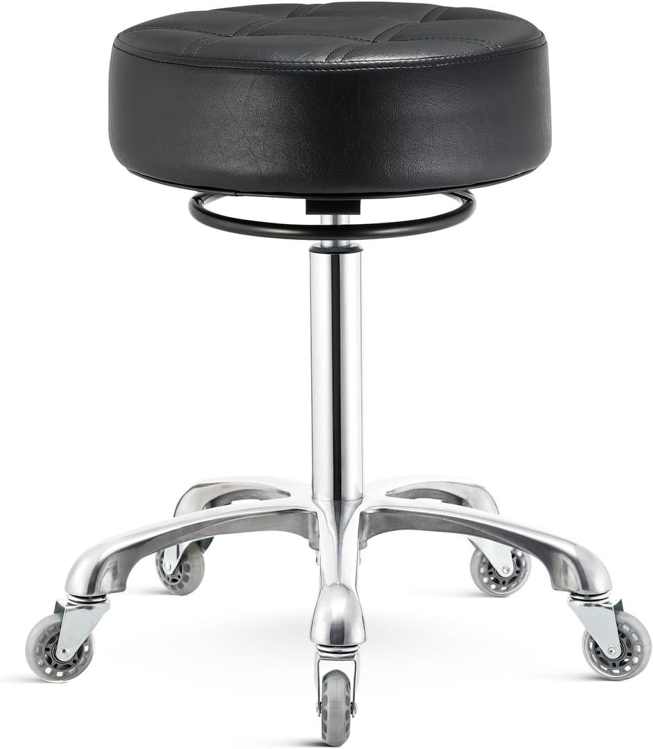 Rolling Stool with Wheels 400lbs Weight Capacity,Heavy Duty Lash Chair Adjustable for Tatoo Lab Massage Salon Spa Drafting Nail Teach,360 Swivel,Leather,Thick Seat Padding (Black)