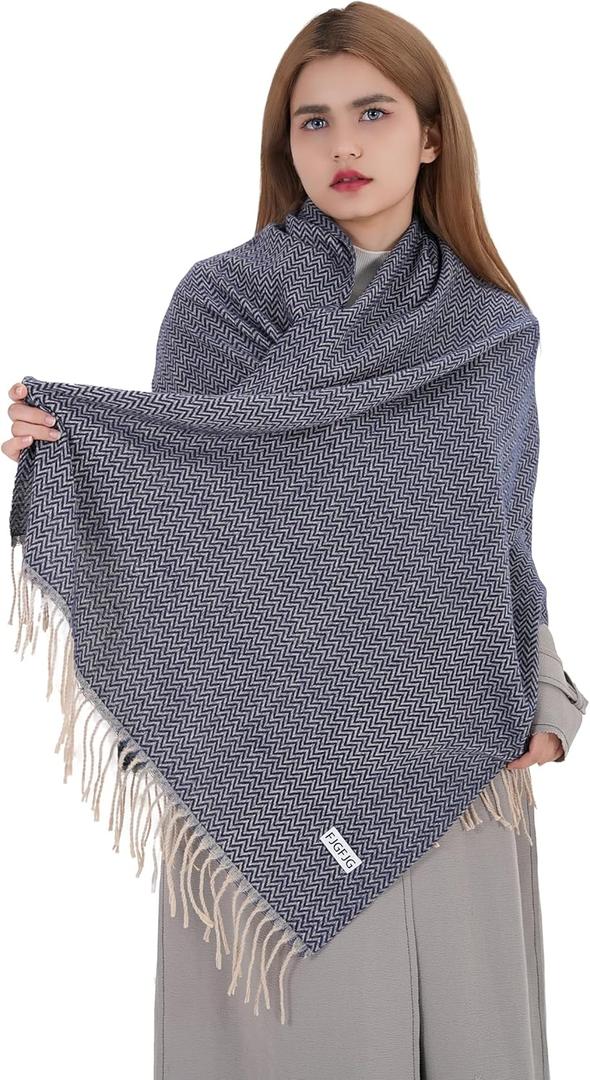 Winter Scarf for Women Cashmere Feel Pashmina & Blanket Wrap Cozy Fashion Shawl Ideal Christmas & Holiday Gift (Navy Blue)