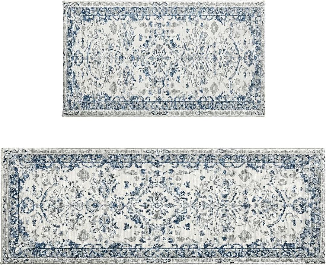 Blue Boho Kitchen Rug Sets 2 Piece Non Slip Farmhouse Kitchen Rugs and Mats Washable Kitchen Mats for Floor Thick Kitchen Floor Mat Carpet Runner for Hallway Laundry Holiday Decor