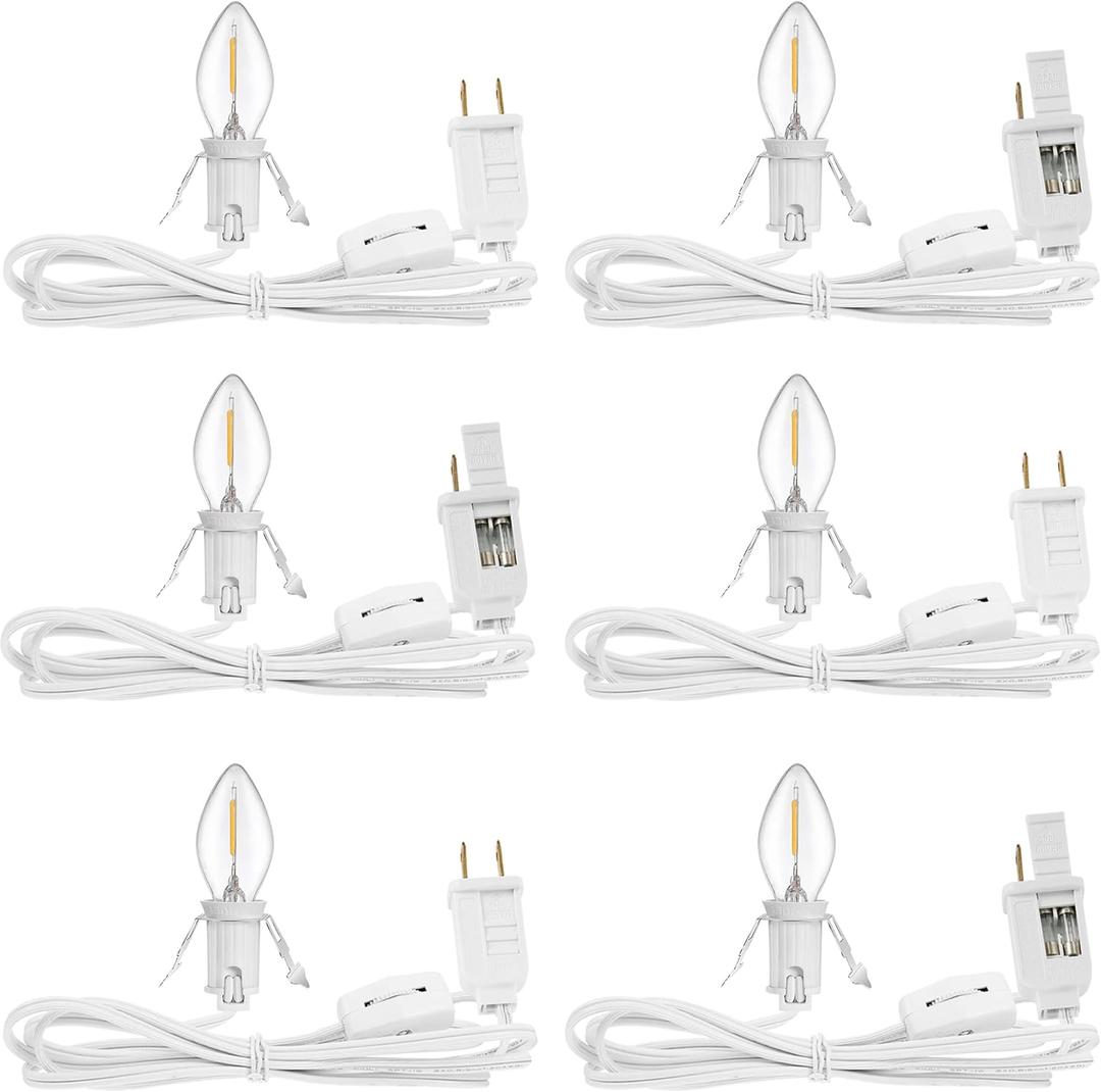Feekoon 6 Packs 6ft Village Light Cord with 1W C7 LED Bulb, Salt Lamp Cord with ON/Off Switch and 2 Spare Fuses, Blow Mold Light Ideal for Christmas Village House Craft Decorations