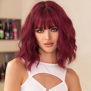 Lihui Red Wigs With Bangs Short Wavy Wig for Women 14 Inch Wine Red Curly Shoulder Length Bob Wigs Synthetic fiber Hair for Daily Party Use