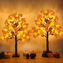 2 Pack 24 Inch Prelit Fall Maple Tree Decorations with 48 LEDs Timer Fall Battery Operated Lighted Artificial Pumpkin Acorn Light Up Maple Tree for Thanksgiving Harvest Table Home Indoor Decor (Classic Style 3)
