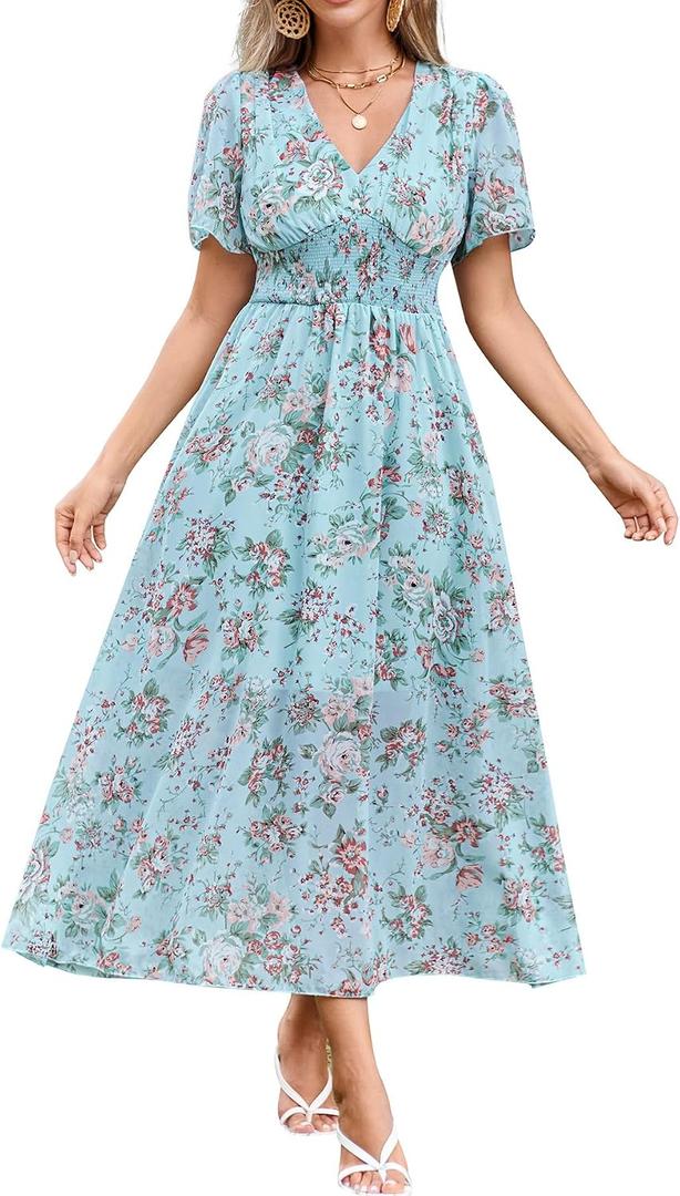 Women's Floral Maxi Dress Flowy V Neck Empire Waist Summer Wedding Guest Party Casual Chiffon Dress (Blue, S)