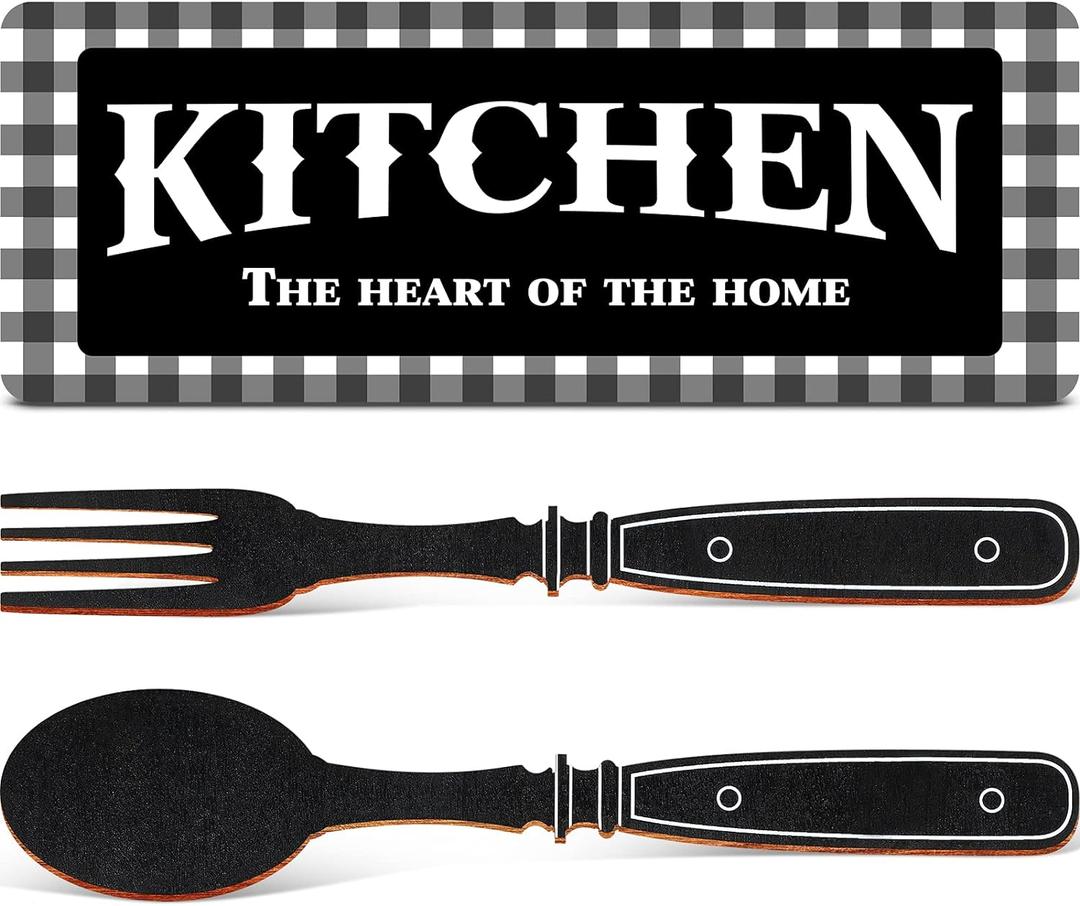Jetec Buffalo Plaid Kitchen Decor black and white kitchen wall decor Wooden eat signs The Heart of The Home Sign Decoration Black and White Checkered Vintage Farmhouse Fork and Spoon, (Black Backing)