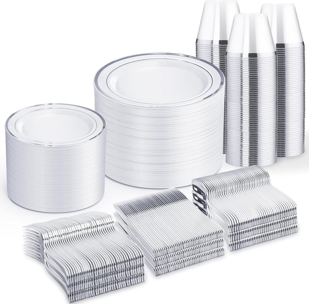 WELLIFE 600 PCS Silver Disposable Dinnerware Set for 100 Guests, Wedding Plates Silver Plastic Plates for Party, 100 Each-Dinner & Salad Plates, Cups, Forks Knives Spoons for Wedding and Anniversary WELLIFE 600 PCS Silver Disposable Dinnerware Set for 100 Guests, Wedding Plates Silver Plastic Plates for Party, 100 Each-Dinner & Salad Plates, Cups, Forks Knives Spoons for Wedding and Anniversary