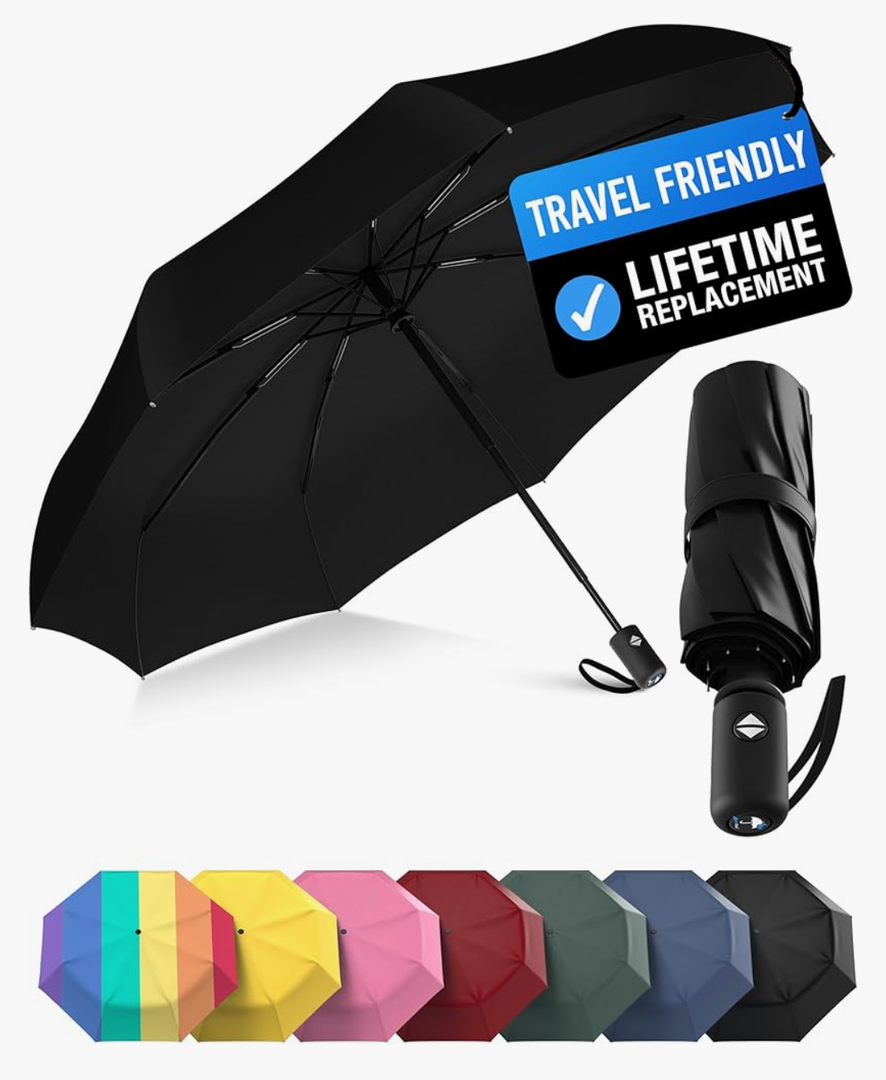 Rain-Mate Windproof Compact Umbrellas for Rain - Strong Reinforced Fiberglass Rib Design & Auto Open & Close - Portable Folding Travel Umbrella - Lightweight & Packable for Women & Men, Easy Collapse