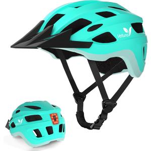Veltuno Bike Helmet for Adults, Lightweight Mountain Bicycle Helmet with USB Rechargeable LED Rear Light, Removable Sun Visor for Women, Men, Suitable for Cycling and Commuting (Cyan, Medium)
