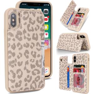 iCoverCase Compatible with iPhone X/XS Case with Card Holder, Wallet Phone Case for Women Men RFID Blocking PU Leather Protective Case 5.8 Inch (Beige Leopard)