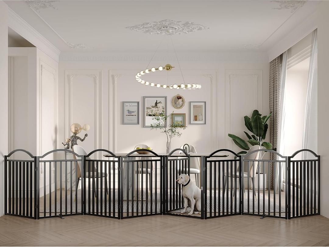 BHG Metal No-Assembly Freestanding Dog Gate with Door Walk Through, Extra Wide 96", Extra Tall 32" Pet Gate, Accordion Puppy Folding Playpen Dog Fence, with 4PCS Support (Black, 8 Panels)