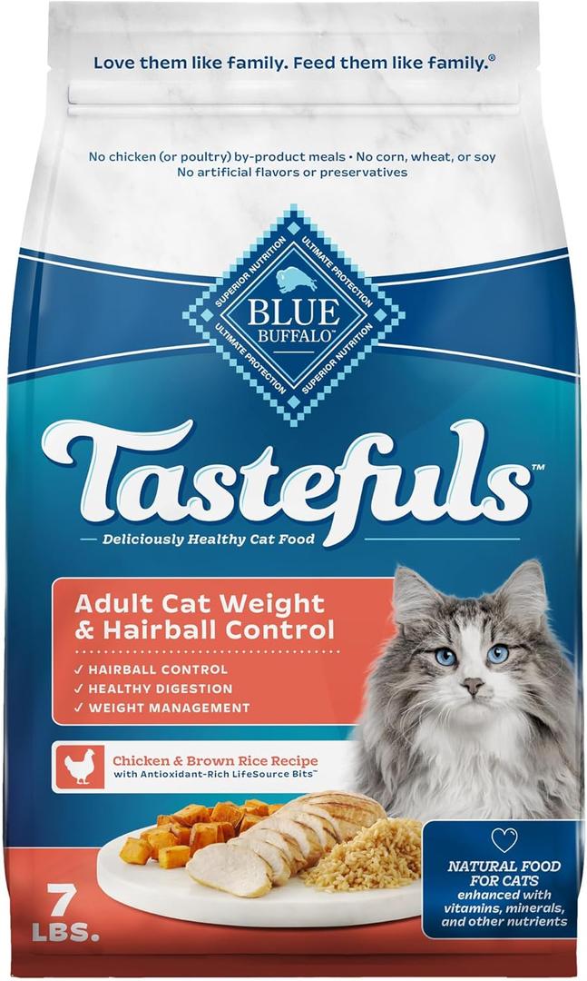 Blue Buffalo Tastefuls Adult Dry Cat Food for Weight Management & Hairball Control, Made in the USA with Natural Ingredients, Chicken Recipe, 7-lb Bag (EXP 05/25/26)