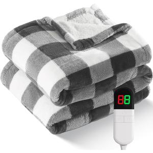 Electric Heated Sherpa Buffalo Plaid Christmas Throw Blanket with 8 Heating Levels & 8 Hours Auto Off, Fast Heating Warm Plush Washable Blanket with Over-Heat Protection, ETL Certification, Grey (Throw-50" x 60")
