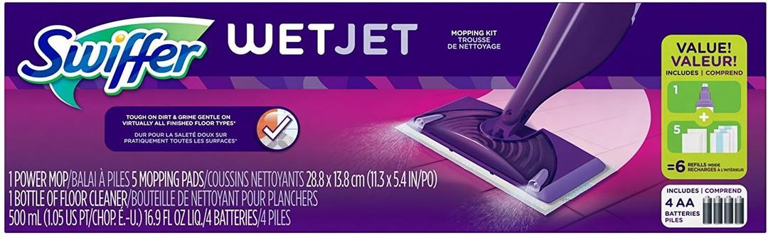 Swiffer WetJet Starter Kit, Includes: 1 Power Mop, 5 Pads, Solution, Batteries, 6 Piece Set