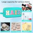 3 x Preppy Makeup Bag for Women, Cosmetic Bag Letter Pouch Purse with Handle, Waterproof Portable Glitter Nylon Travel Toiletry Bag Organizer with Zipper (A-Blue)