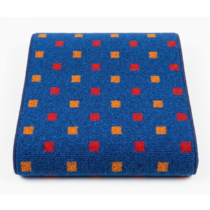 Blue Rug with Red and Orange Squares, 6 feet by 2 feet