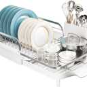 SNTD Dish Drying Rack, Expandable Dish Rack for Kitchen Counter, Stainless Steel Dish Drainer with Drainboard Set and Utensil Holder (White)