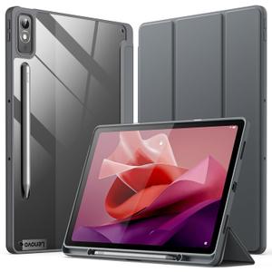 JETech Case for Lenovo Tab P12 12.7-Inch (2023 Model, TB370FU / TB371FU) with Stylus Holder, Clear Hard PC Back, Protective Tri-Fold Stand Slim Tablet Cover, Auto Wake/Sleep (Dark Gray)