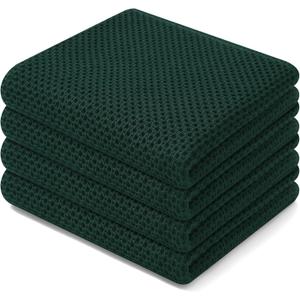 Homaxy 100% Cotton Waffle Weave Kitchen Dish Towels, Ultra Soft Absorbent Quick Drying Cleaning Towel, 13 x 28 Inches, 4-Pack, Blackish Green