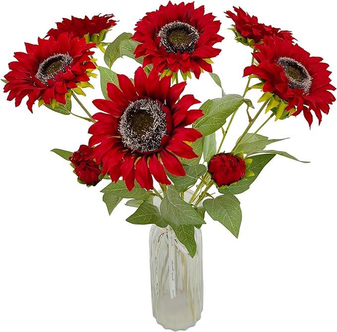 6pcs Sunflowers Artificial Flowers with 6 Large Sunflower Heads and Long Stems for Indoor Outdoor DIY Wedding Bouquets Baby Shower Centerpieces Floral Arrangements Party Tables Home Office Decorations