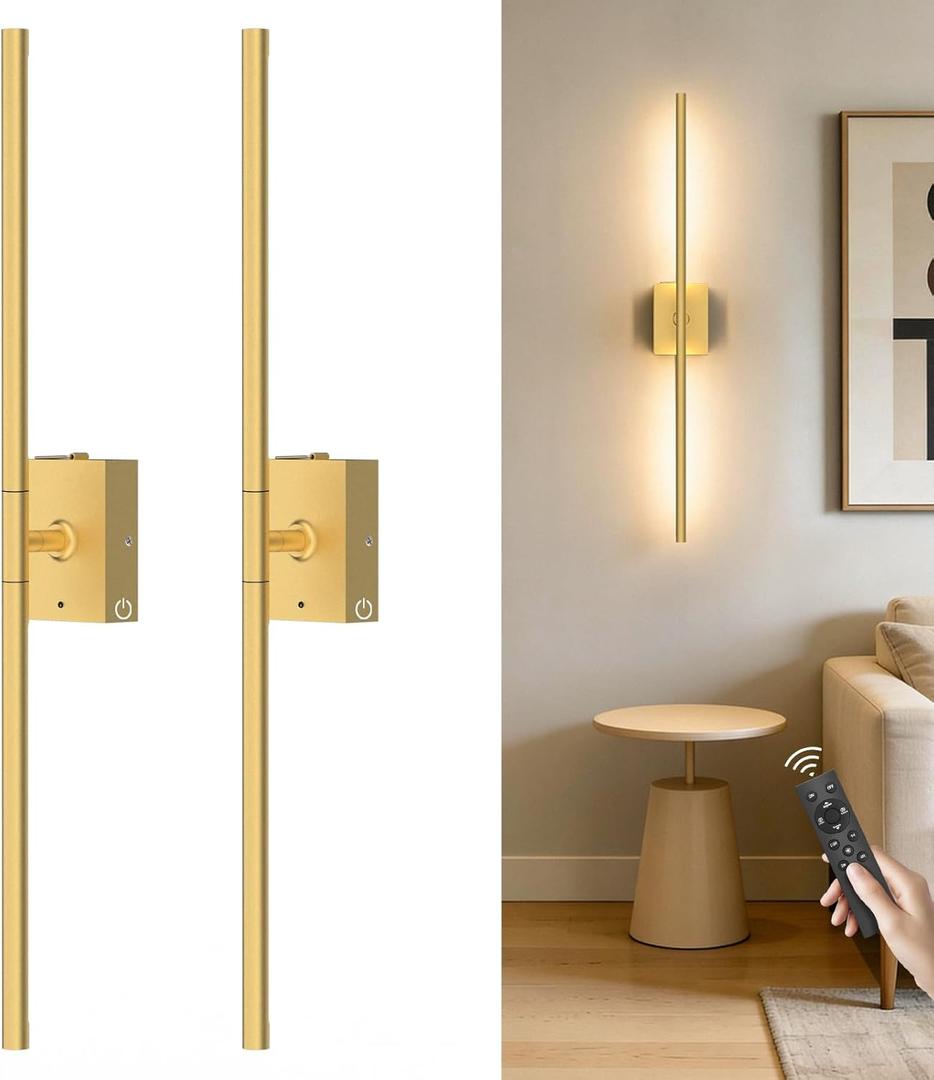 Battery Operated Wall Sconces Set of 2, 10000mAh Rechargeable Wall Lights with Remote, 360 Rotate 3000K-6000K LED Wireless Wall Light Fixtures Decor for Bedroom Living Room Hallway Picture Lighting (Gold)