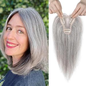 REECHO Real Human Hair Topper, 10 inch Women Hair Toppers for Thinning Hair, 100 Percent Human Hair Large Coverage Natural Hairpiece Wiglet, Standard Base 3.5"x2", Grey