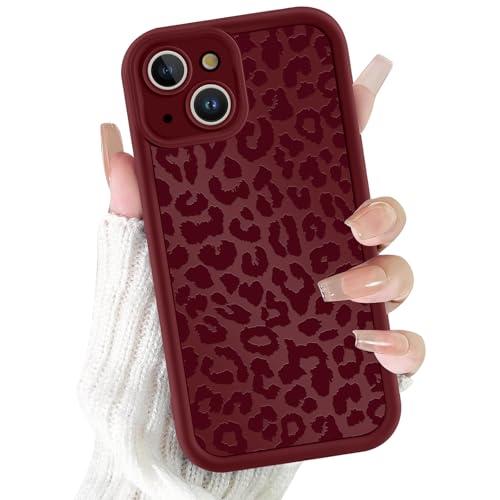 lioscre Cute Cheetah Print Phone Case for iPhone 14 Case 6.1", Aesthetic Burgundy Wine Red Leopard Pattern Design Cover Shockproof Soft Slim TPU Full Camera Lens Protective Funda for Women Girls