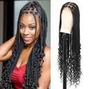 36 Inch 13X8 HD Lace Front Box Braided Wigs With Boho Curly Ends Knotless Braided Wig For Women Premium Synthetic Braids Lace Front Wig With Baby Hair Natural Black