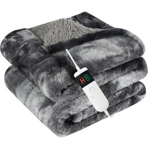 Electric Heated Blanket Throw 50''x60''Size Faux Fur Heating Blanket 10 Heating Settings, 1-8h Timer & Overheat Protection, Machine Washable, Soft Flannel and Sherpa Full Body Warmth