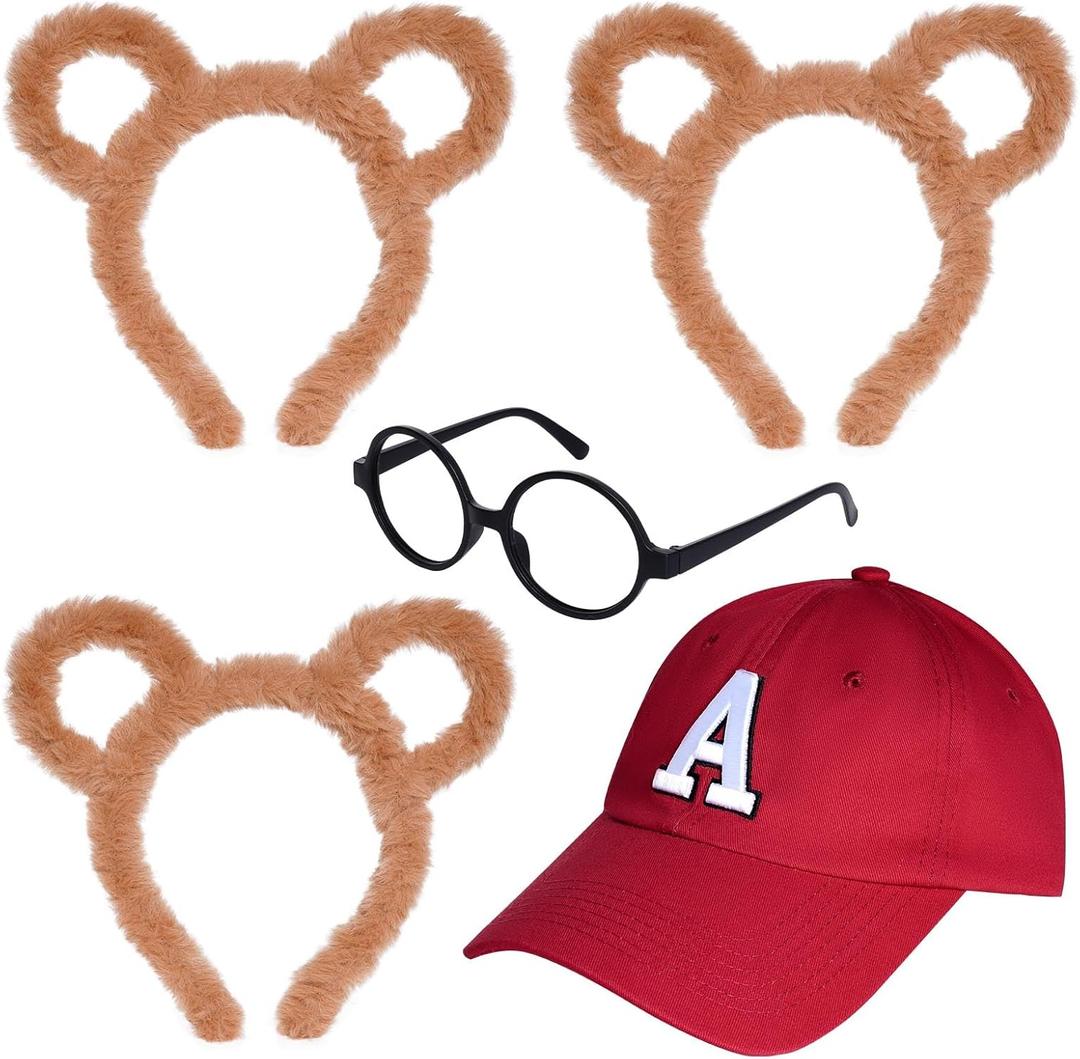 Yolyoo 5 Pieces Chipmunks Costumes Set Include 1 Red hat, 3 Chipmunk Ears Headband and 1 Black Round Glasses Frame for Halloween Party Animal Costume Accessories