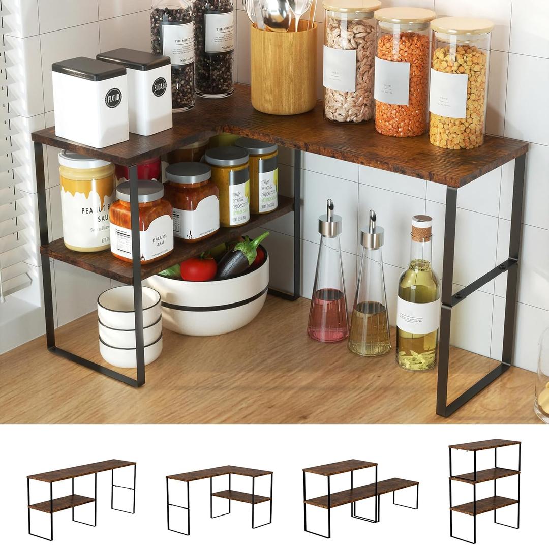 Golener Countertop Organizer Corner Shelf, 2 Tier Adjustable Stackable Corner Shelves for Kitchen, Bathroom, Spice Rack, Coffee Area, Over Sink, Dresser Table, Corner Counter Shelf Stand, Rustic Brown (Large Modern)